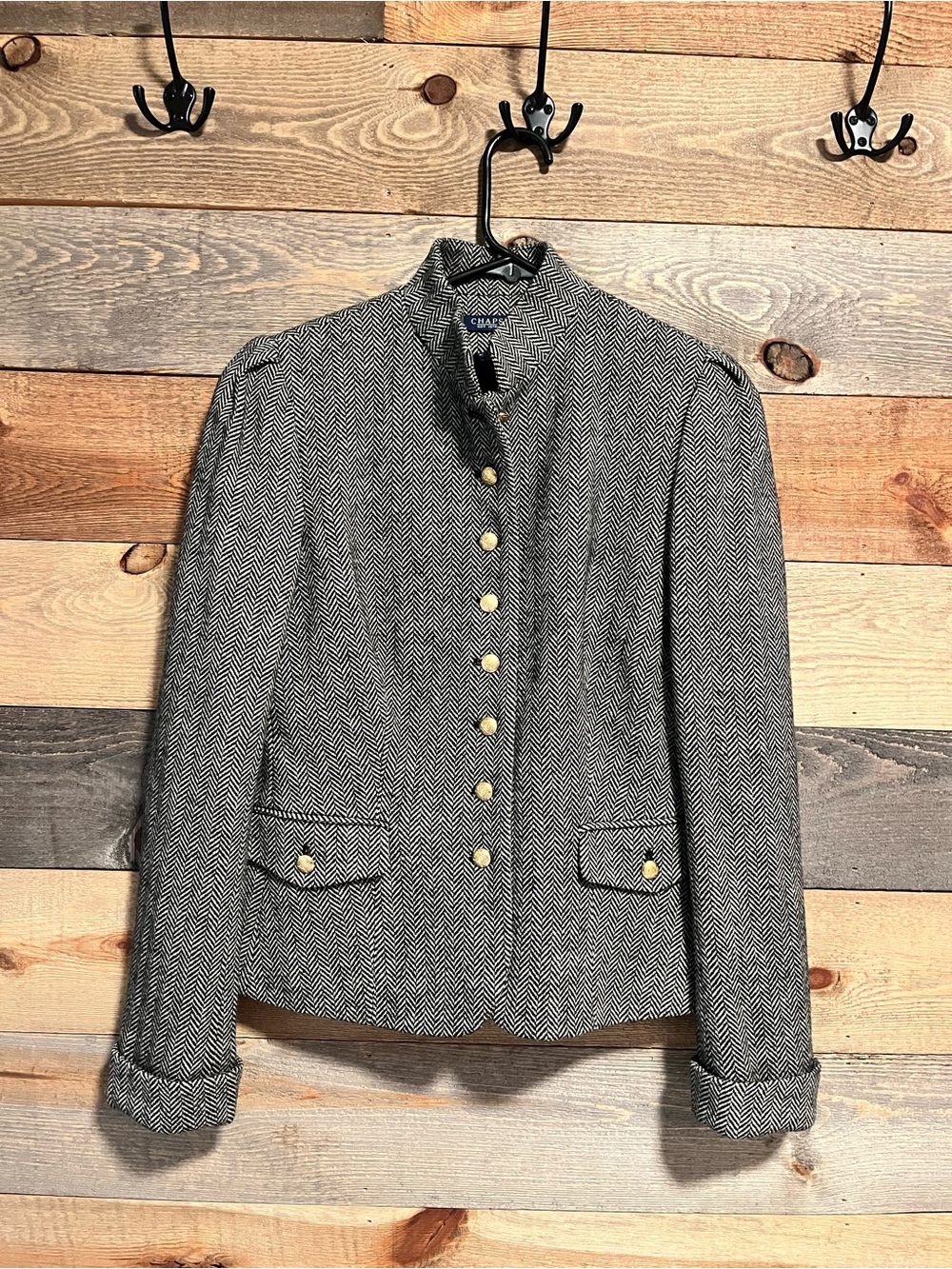 Chaps Women's Herringbone Wool Blend Jacket in Black & White with gold buttons